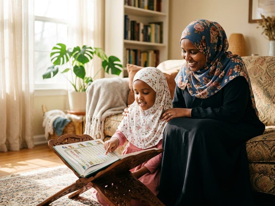 Muslim mother sitting proudly beside her daughter reciting the Holy Quran at home